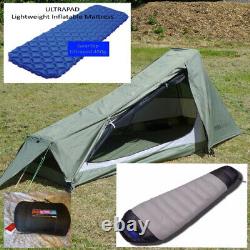 1 Person Backpacking Package Tent, Down Sleeping Bag, UltraPad, Survival Bag +