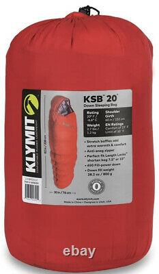 Brand New Klymit KSB 20 Down Sleeping Bag, Black 82in. X 30in Red