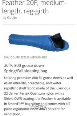 Golite Feather 20F Medium Regular Down Ultralight Sleeping Bag