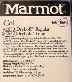 Marmot Col Sleeping Bag -20F, Goose Down Fill, DryLoft Shell Size Long R Zip