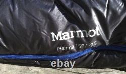 Marmot Plasma 15 Degree F Sleeping Bag 900 Fill Reg Left Zip Black Blue Pertex