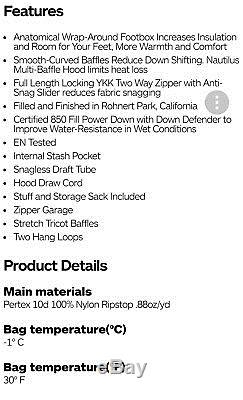 New Marmot Phase 30 sleeping bag 850 Down Defender Pertex shell Reg only 18 oz