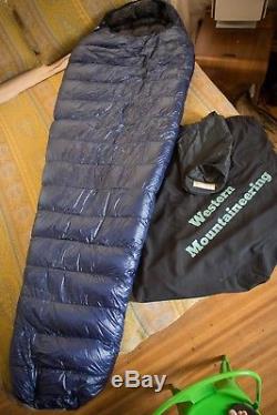 UL Western Mountaineering MegaLite Down 30 Degree Sleeping Bag XL 6'6 Navy Blue
