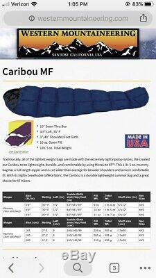 Western Mountaineering Caribou MF 35 Degree Sleeping Bag 6' RZ 850 Fill