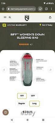 Women's Nemo Riff 15 degree sleeping bag, long NWT